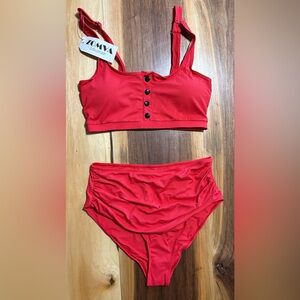 Red Button-Front Bikini Set